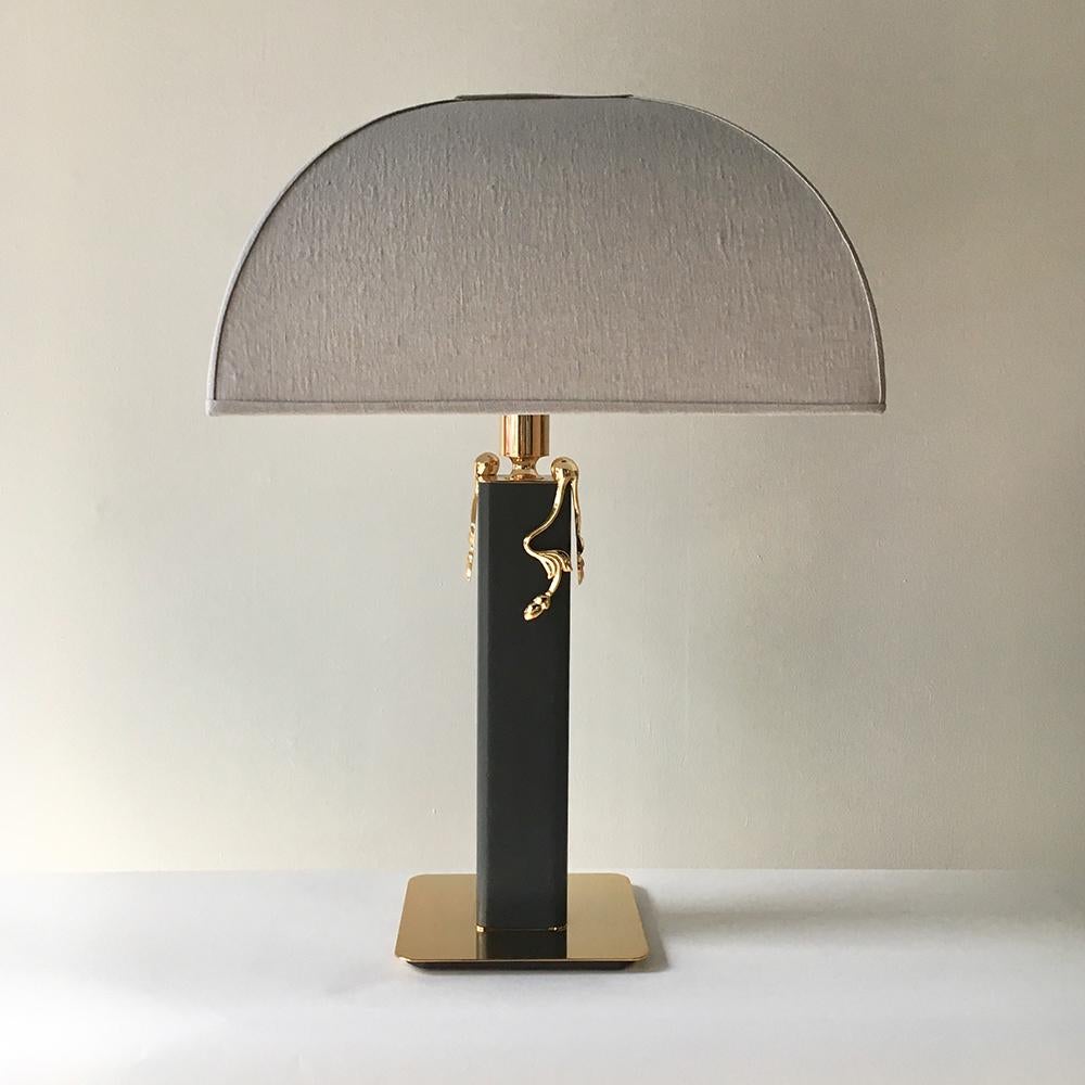 Grey Leather Wrapped and Brass-Plated Table Lamp, 1980s In Good Condition For Sale In London, GB