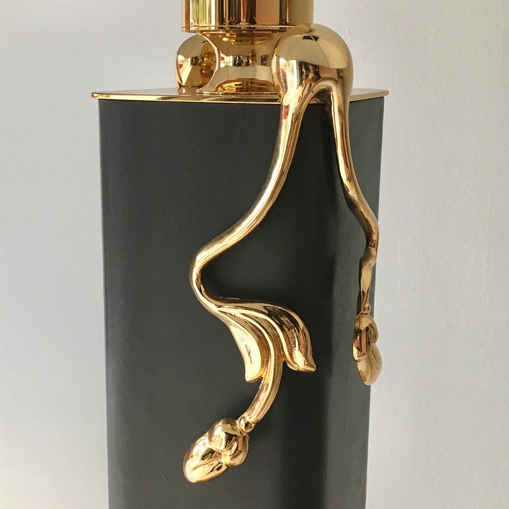 Grey Leather Wrapped and Brass-Plated Table Lamp, 1980s For Sale 1