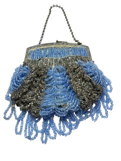 Grau & Light Blue Beaded Flapper Bag Antik Deutsch, frühes 20.