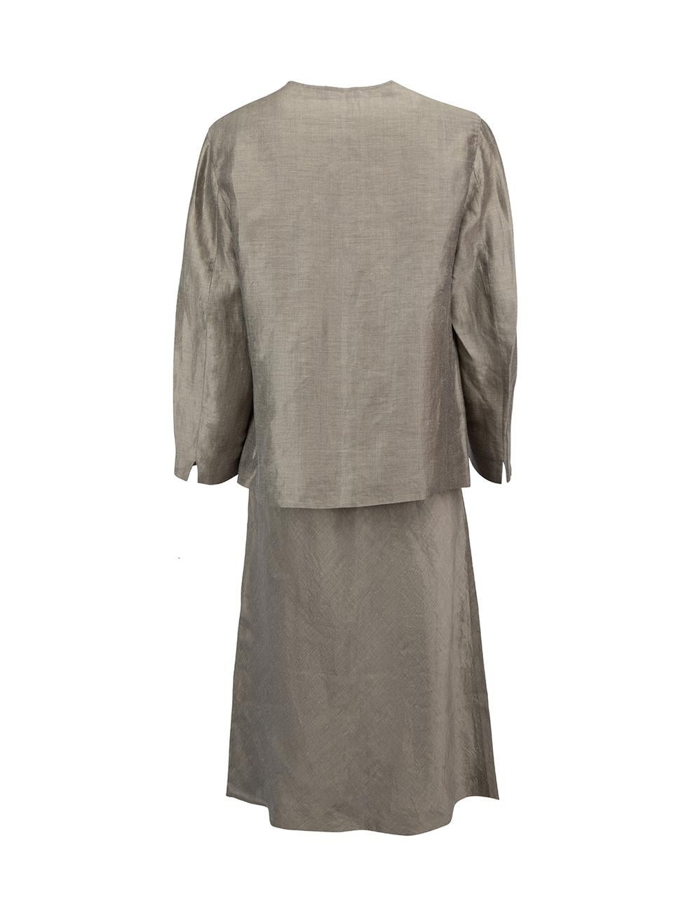 Gray Grey Linen-Silk Blend Jacket & Midi Dress Set Size L