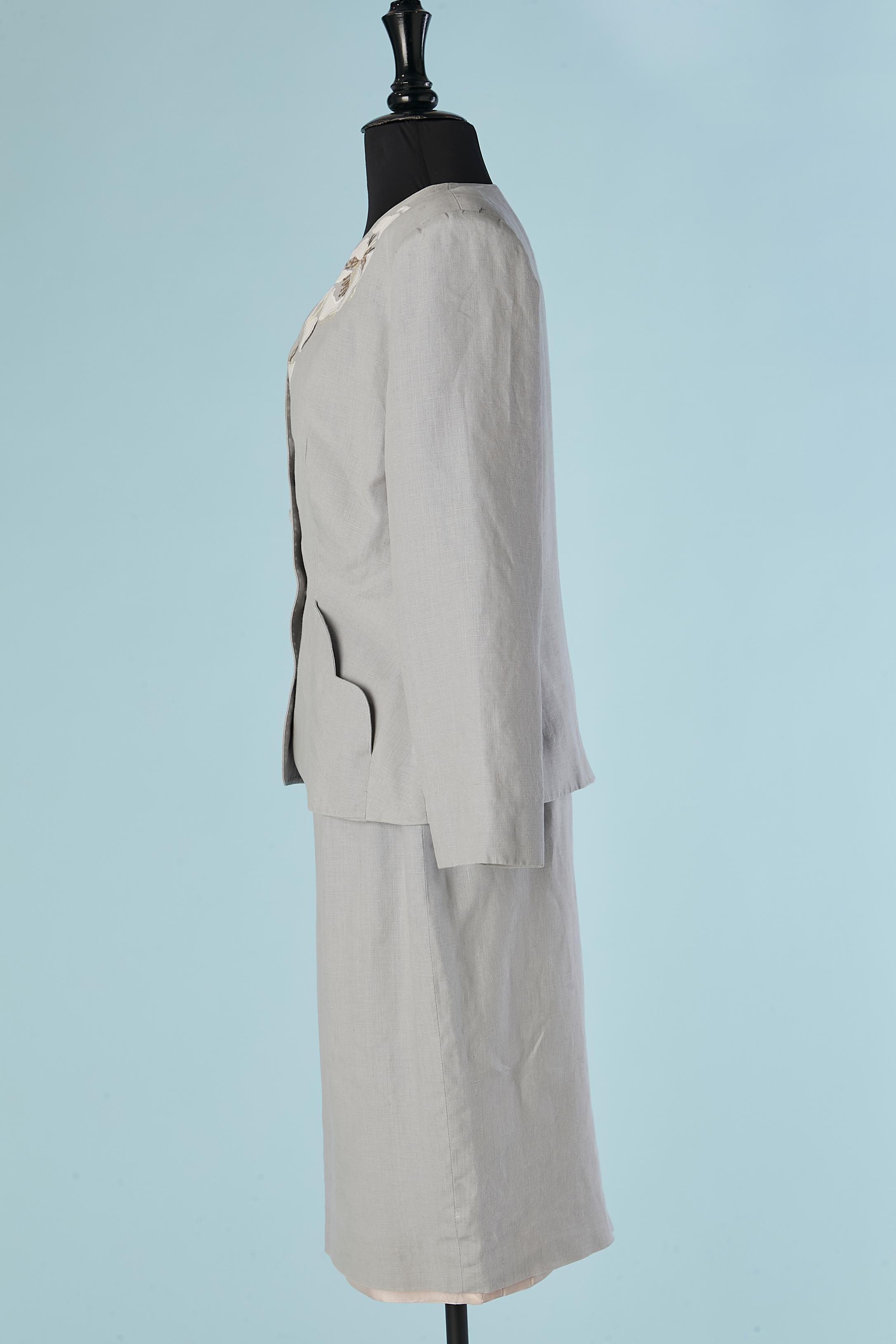 De las mujeres Traje de falda de lino gris con aplique de flores EMMANUELLE KHANH en venta