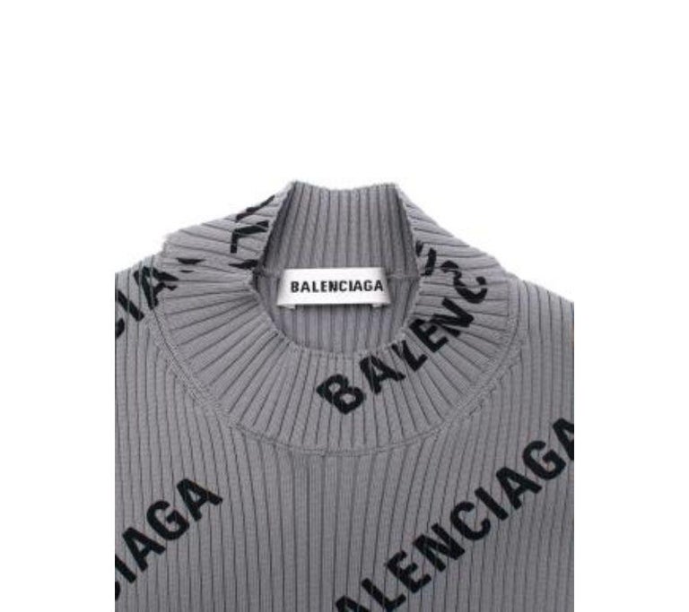 Balenciaga Grey Logo Printed Ribbed-Knit Dress - S In Good Condition For Sale In London, GB