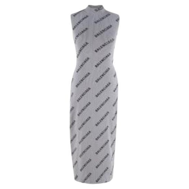 Balenciaga Grey Logo Printed Ribbed-Knit Dress - S For Sale