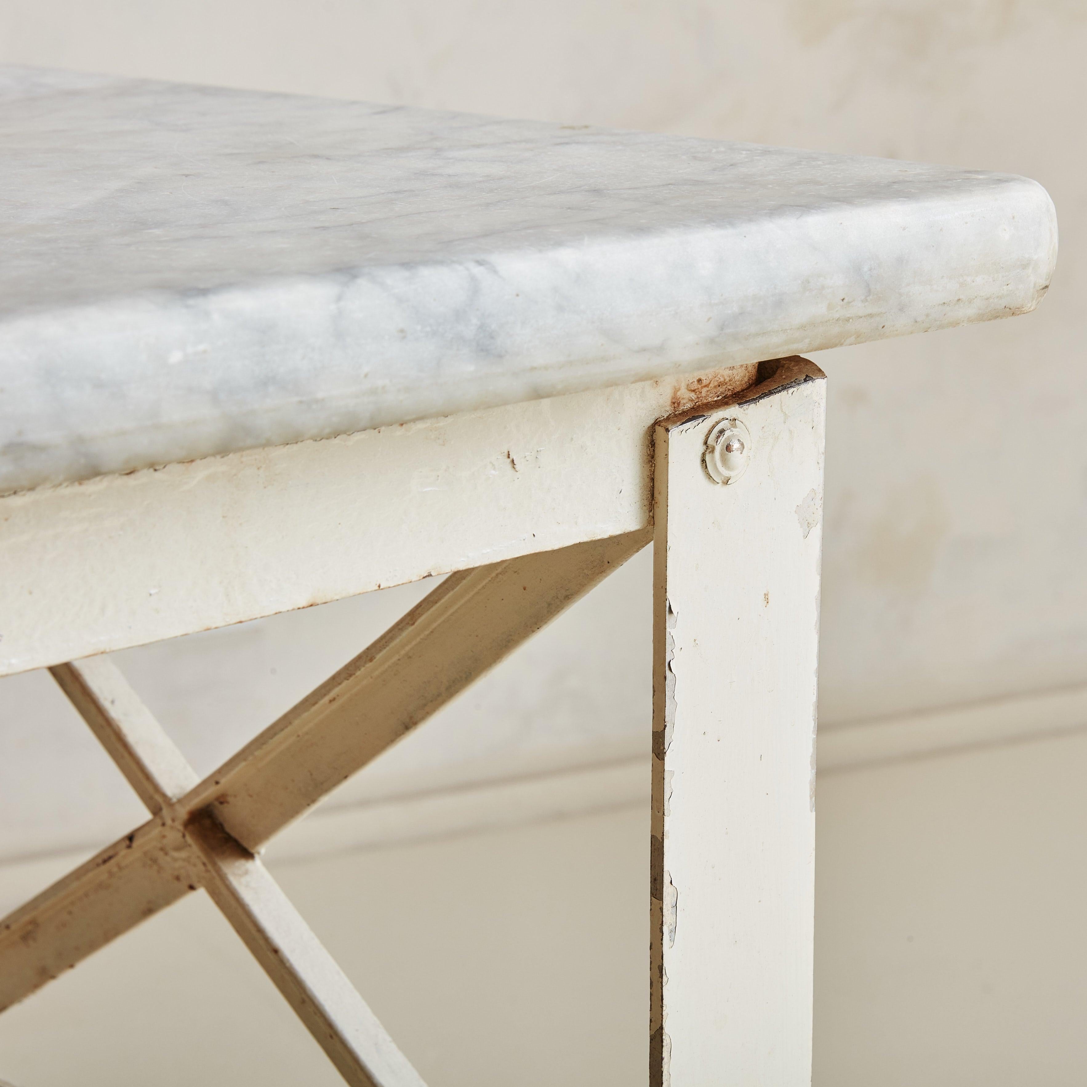 Rustic Grey Marble Top Kitchen Island with Cream Metal Base, Italy Early 20th Century