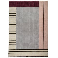 Tapis de défilé rose - géométrique gris marron beige laine avec lignes fait à la main