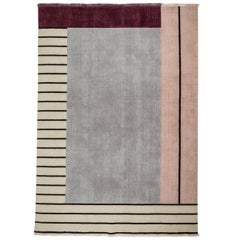  Rug Walkway Pink - Geometric Grey Maroon Beige Wool with Lines Carpet handmade