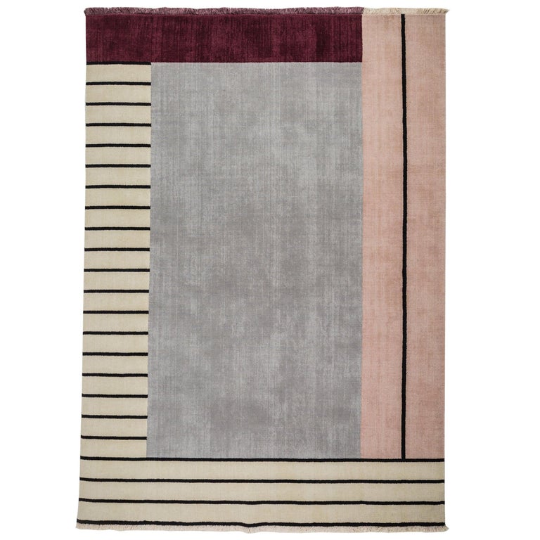 Rug Walkway Pink Geometric Grey Maroon Beige Wool with Lines by