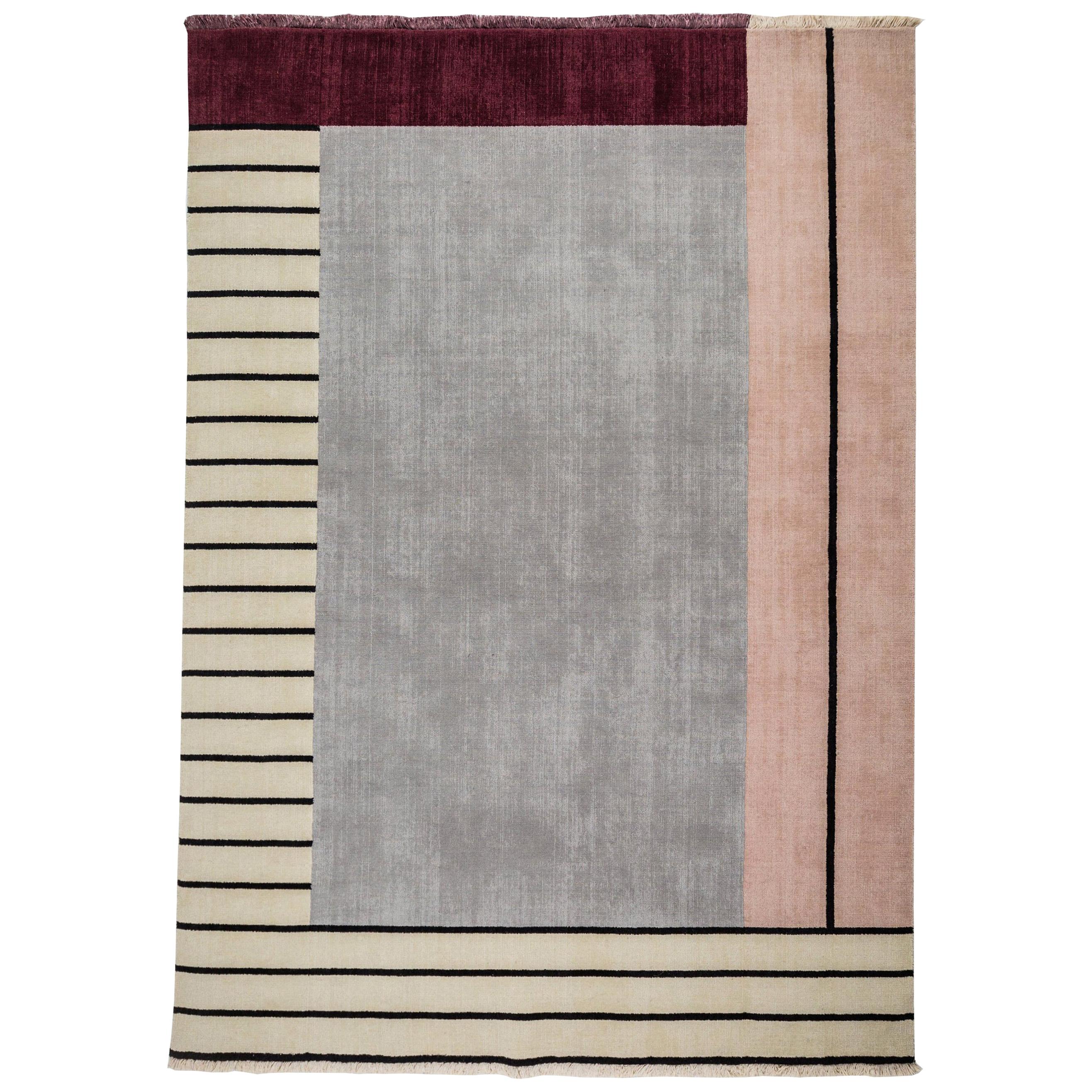 Tapis de défilé en laine rose - Tapis moderne géométrique à rayures grises, marron, beiges et roses - Boîte en vente