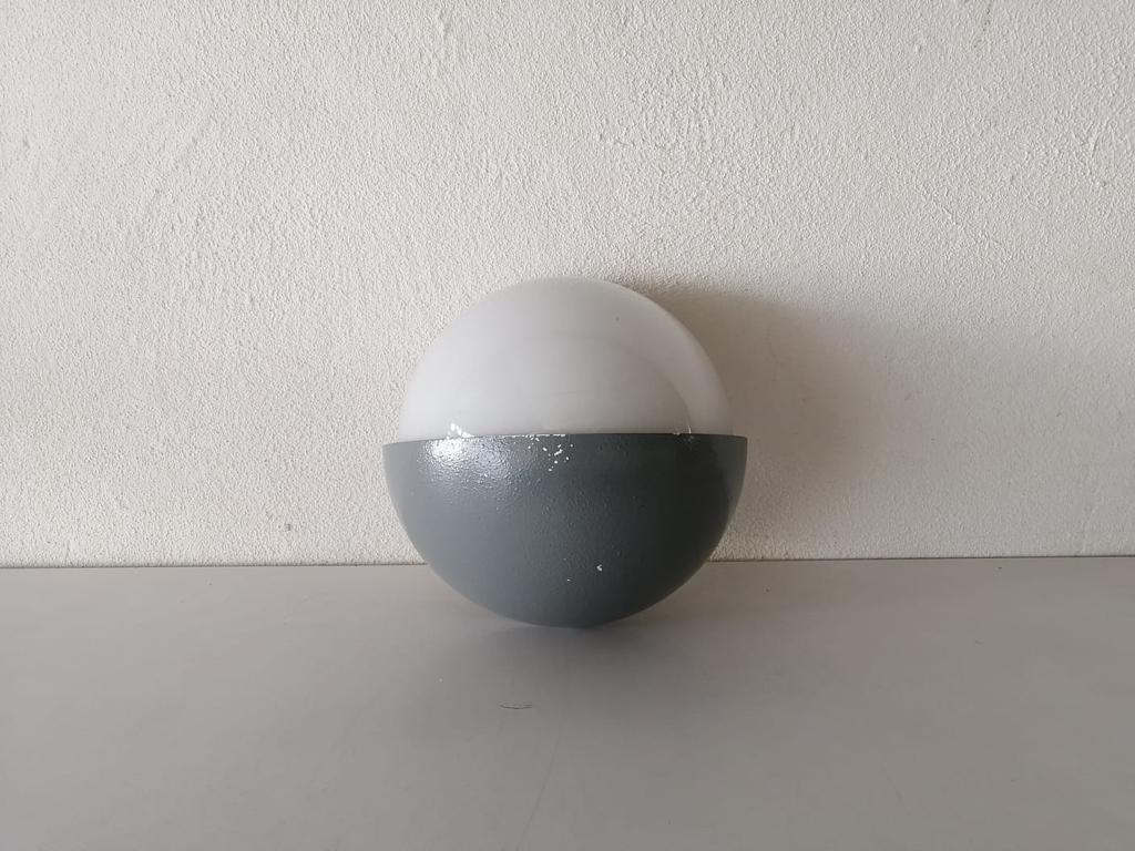 Mid-Century Modern Grey Metal and White Round Glass Single Sconce by BEGA, 1960s, Germany For Sale