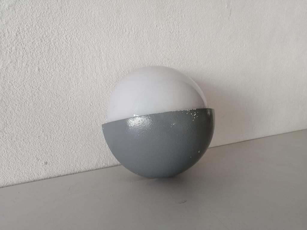 Mid-20th Century Grey Metal and White Round Glass Single Sconce by BEGA, 1960s, Germany For Sale