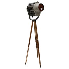 Vintage Grey Metal Film Theater Spot Wooden Tripod Light Floor Lamp