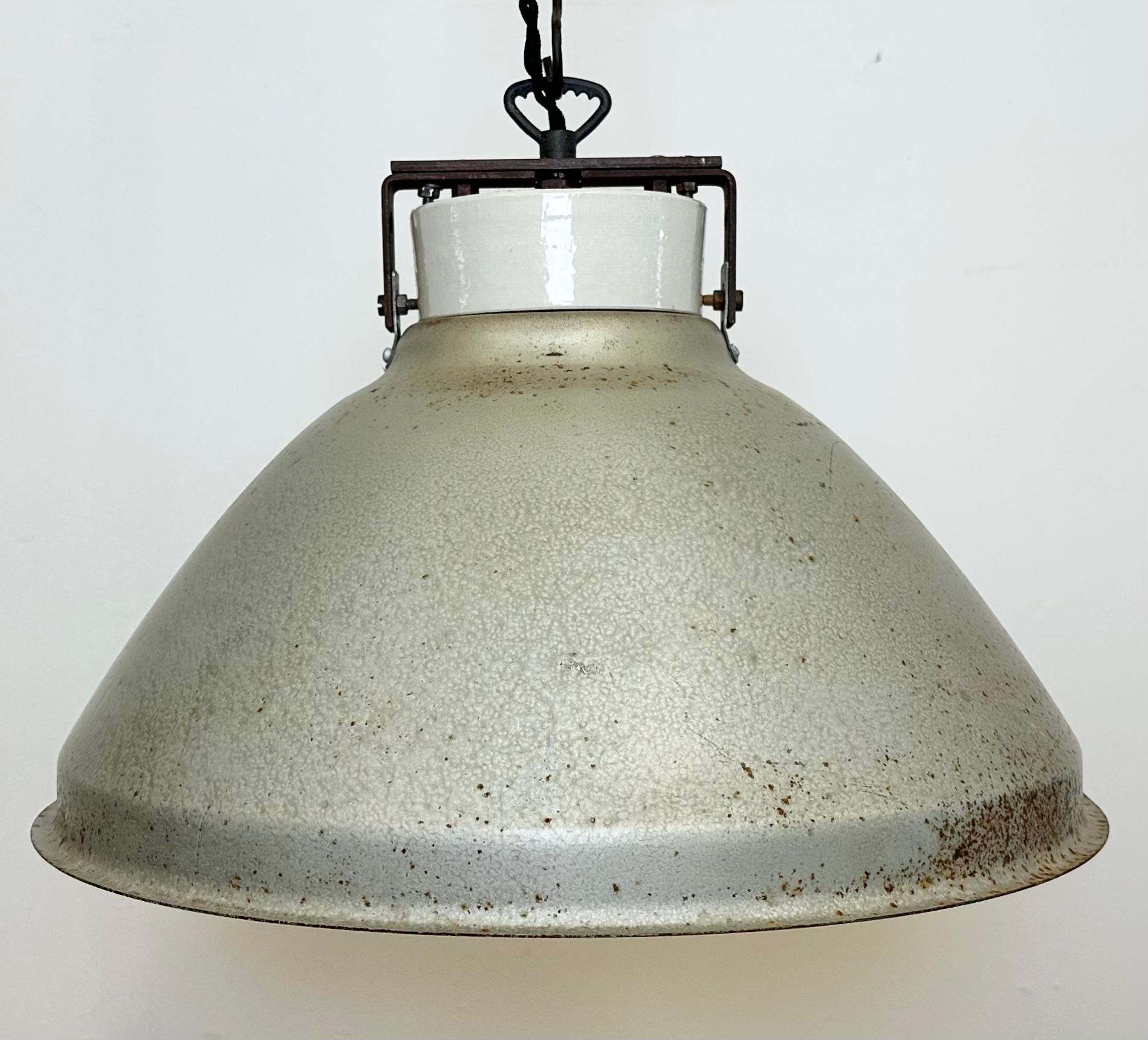 Polish Grey Metal Industrial Factory Hanging Lamp, 1960s For Sale