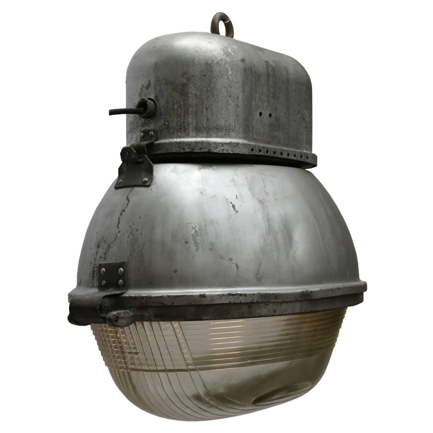 20th Century Grey Metal Oval Vintage Industrial Holophane Glass Street Light