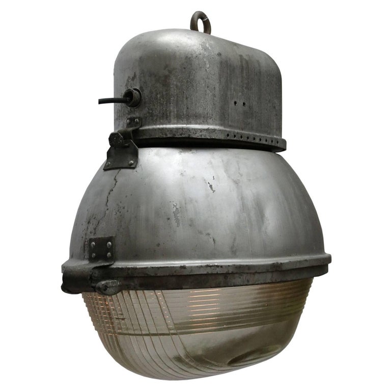 Grey Metal Oval Vintage Industrial Holophane Glass Street Light at 1stDibs