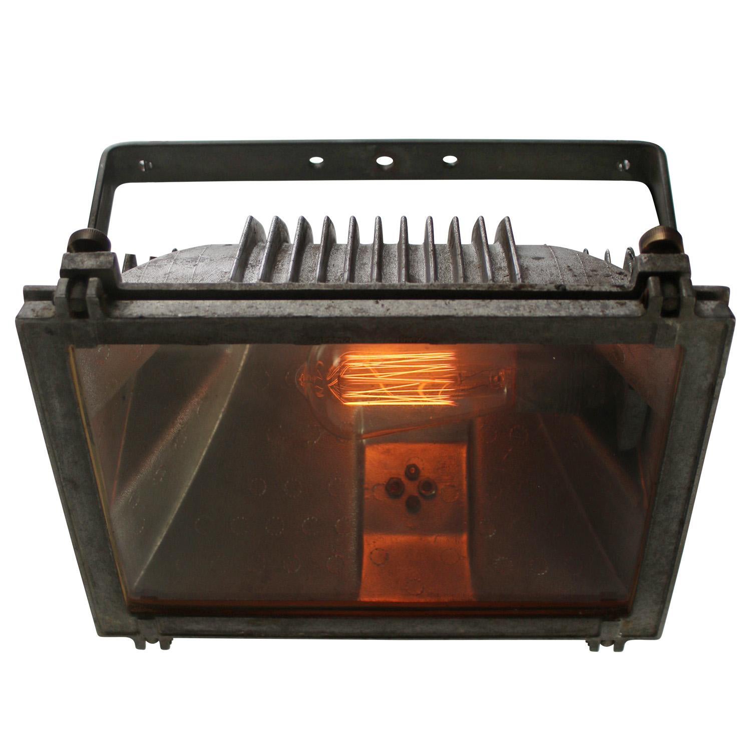 Lampada a sospensione industriale vintage in metallo grigio e vetro trasparente