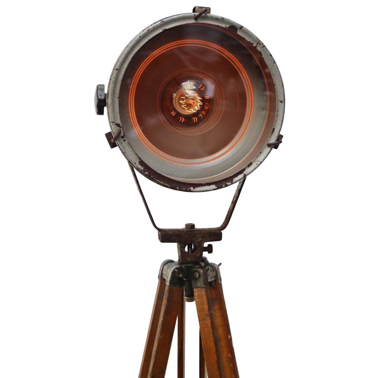 Polish Grey Metal Vintage Industrial Clear Glass Wooden Tripod Spot Light Floor Lamp For Sale
