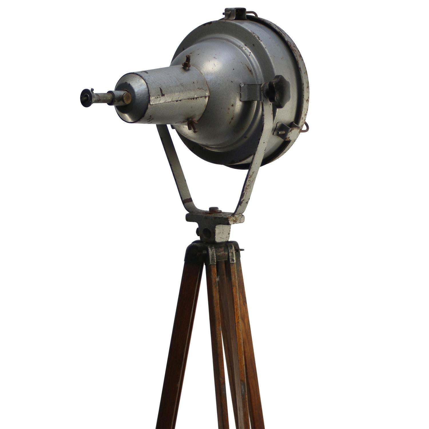 20th Century Grey Metal Vintage Industrial Clear Glass Wooden Tripod Spot Light Floor Lamp