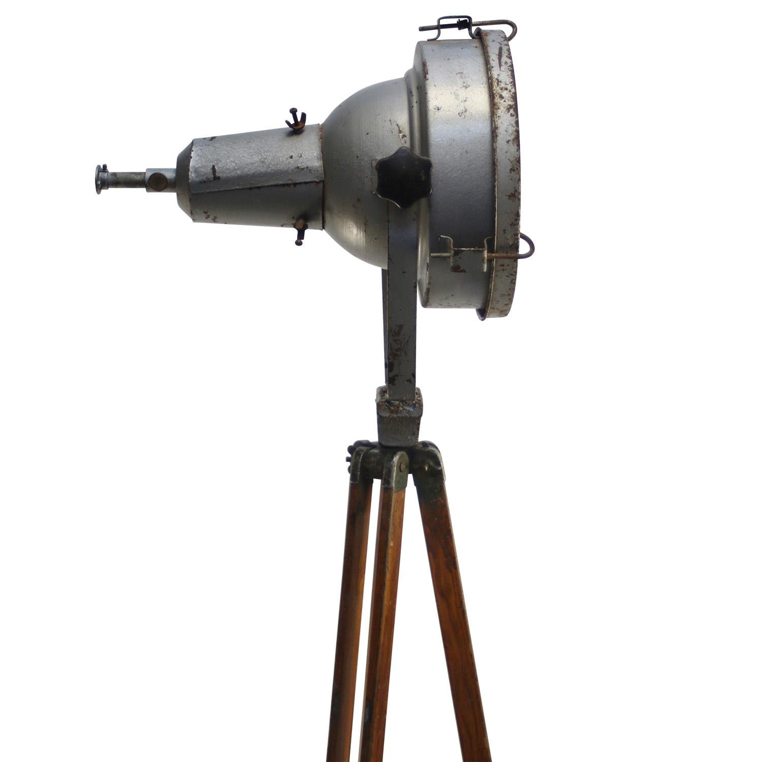 Grey Metal Vintage Industrial Clear Glass Wooden Tripod Spot Light Floor Lamp 1