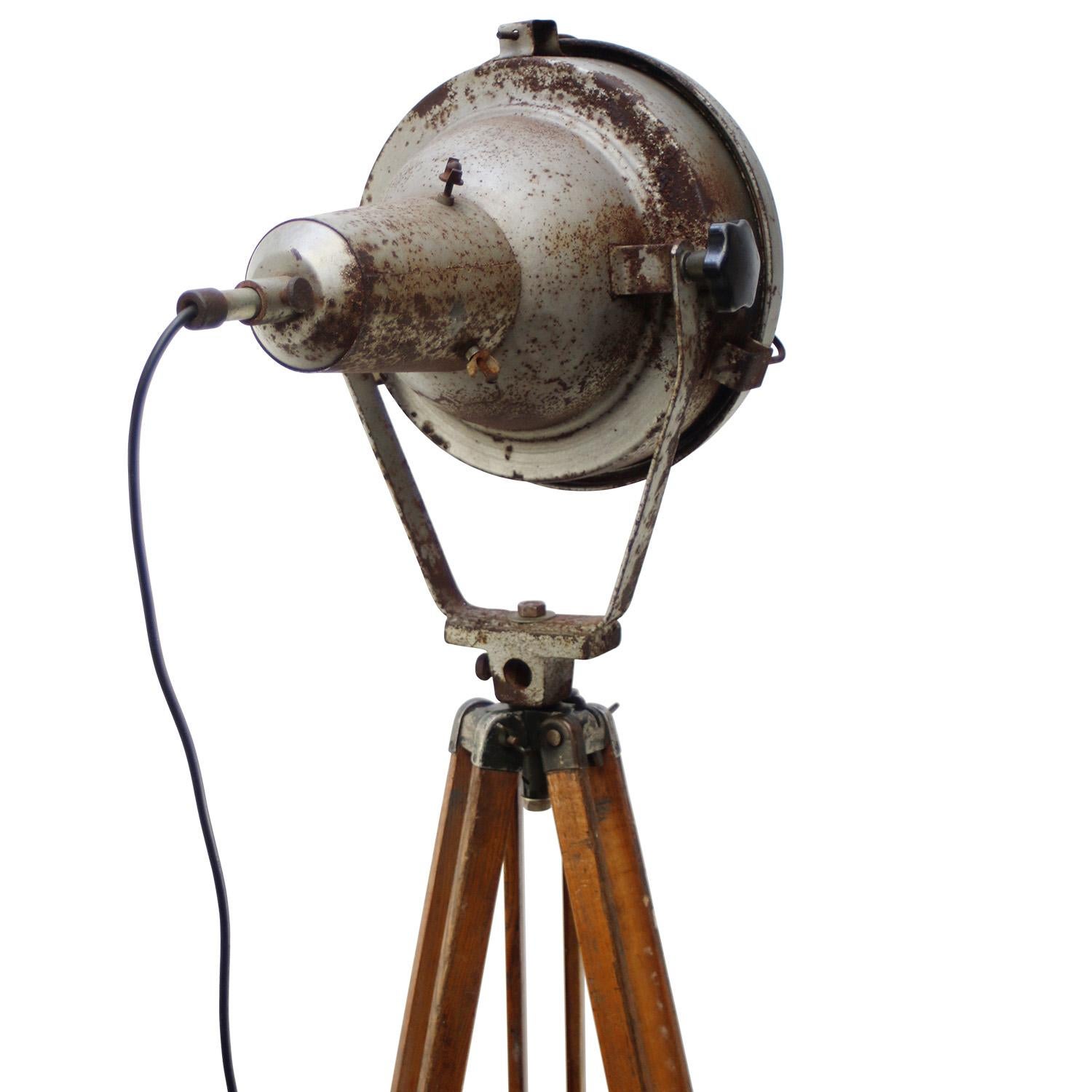 Grey Metal Vintage Industrial Clear Glass Wooden Tripod Spot Light Floor Lamp For Sale 1