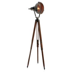 Grey Metal Vintage Industrial Clear Glass Wooden Tripod Spot Light Floor Lamp