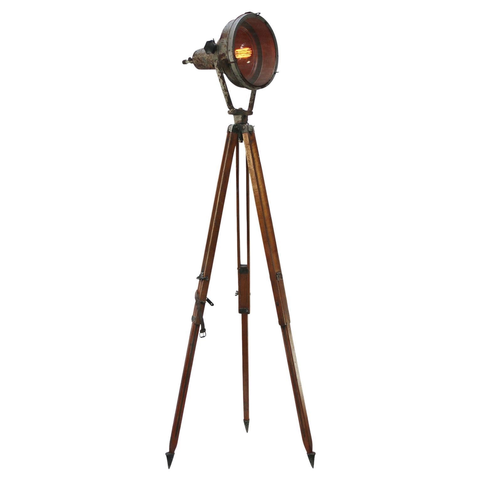 Grey Metal Vintage Industrial Clear Glass Wooden Tripod Spot Light Floor Lamp