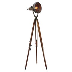 Grey Metal Vintage Industrial Clear Glass Wooden Tripod Spot Light Floor Lamp