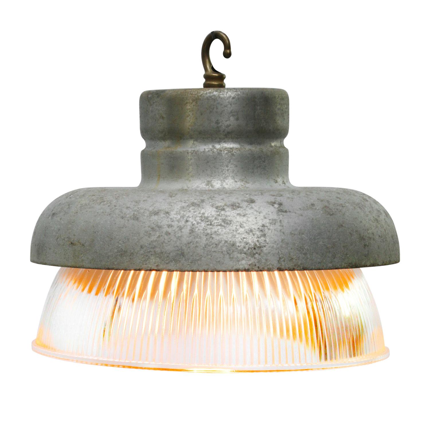 Factory hanging lamp
Grey metal top with clear striped / Holophane glass

weight 1.70 kg / 3.7 lb

Priced per individual item. All lamps have been made suitable by international standards for incandescent light bulbs, energy-efficient and LED bulbs.