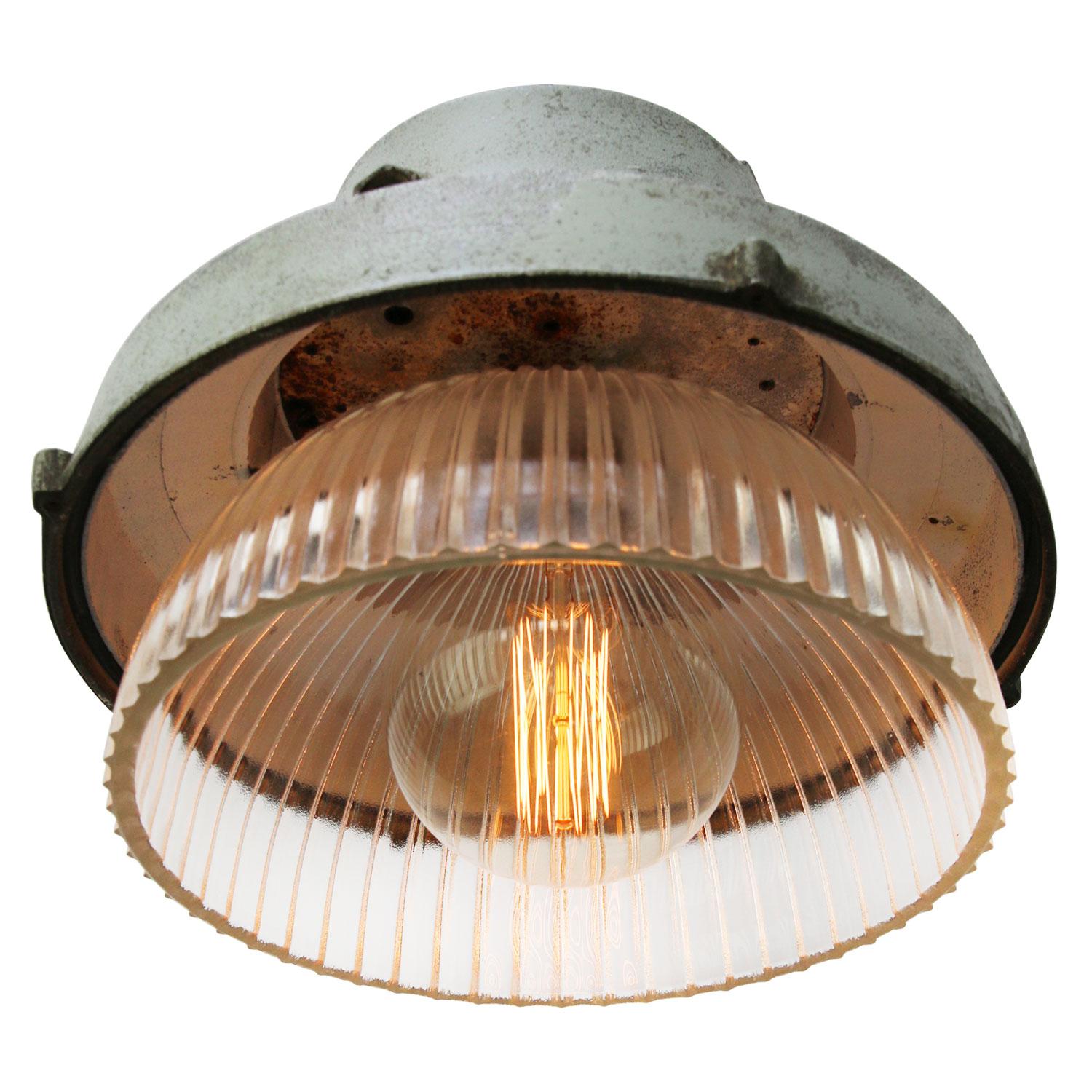 Czech Grey Metal Vintage Industrial Clear Striped Holophane Glass Pendant Lamp