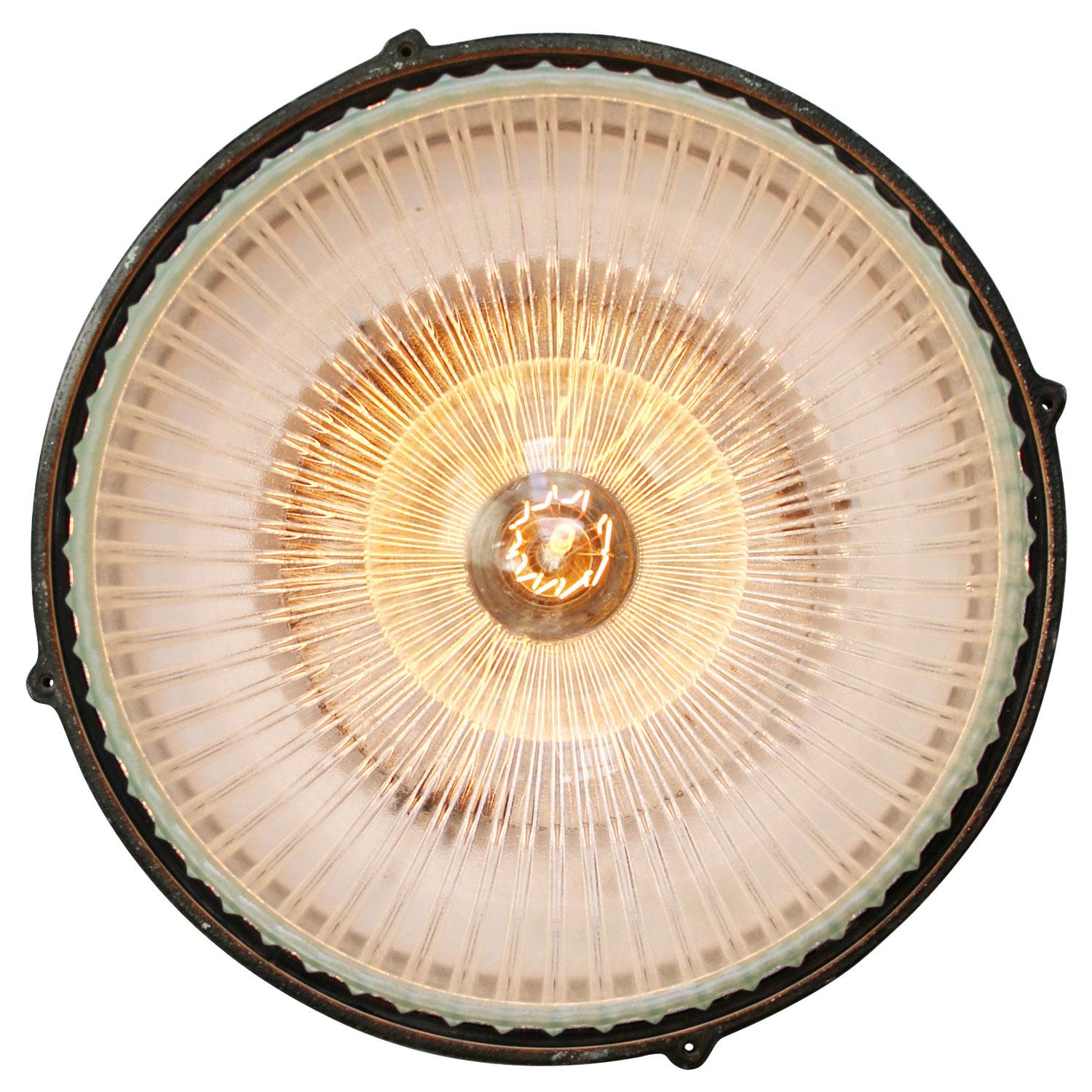 Cast Grey Metal Vintage Industrial Clear Striped Holophane Glass Pendant Lamp