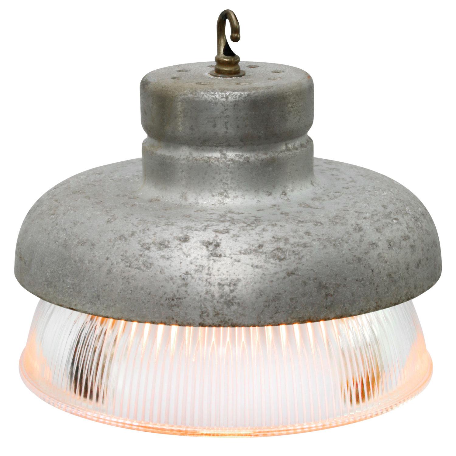 Cast Grey Metal Vintage Industrial Clear Striped Holophane Glass Pendant Lamps For Sale