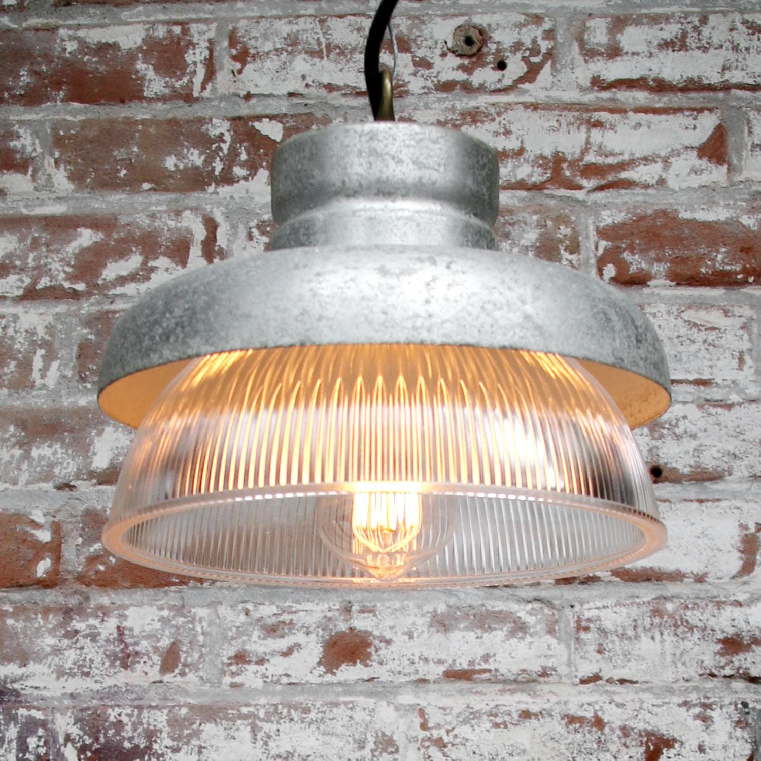 Grey Metal Vintage Industrial Clear Striped Holophane Glass Pendant Lamps In Good Condition For Sale In Amsterdam, NL