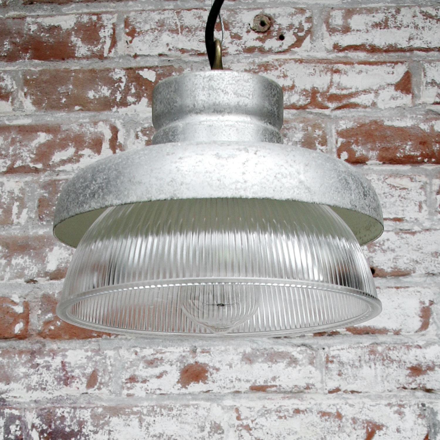Grey Metal Vintage Industrial Clear Striped Holophane Glass Pendant Lamps In Good Condition For Sale In Amsterdam, NL