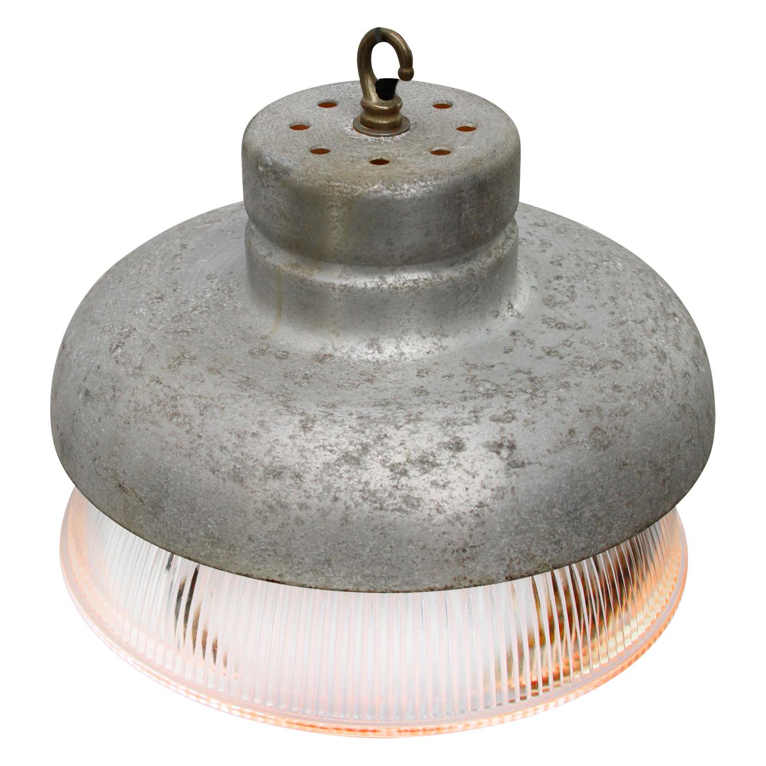 20th Century Grey Metal Vintage Industrial Clear Striped Holophane Glass Pendant Lamps For Sale