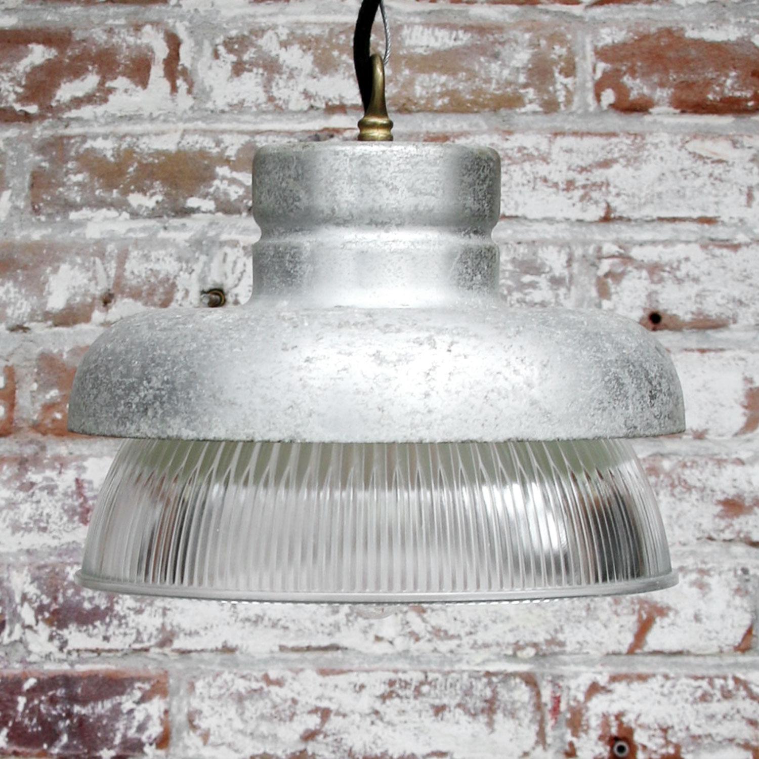 Brass Grey Metal Vintage Industrial Clear Striped Holophane Glass Pendant Lamps For Sale