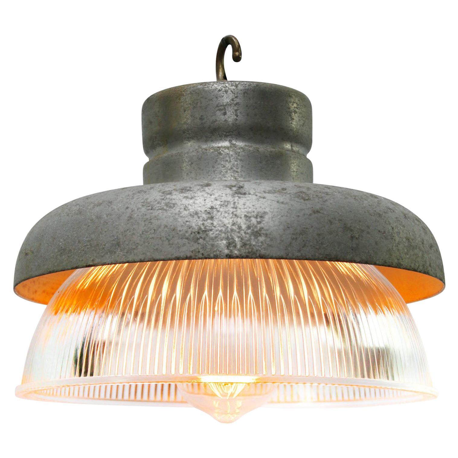 Grey Metal Vintage Industrial Clear Striped Holophane Glass Pendant Lamps