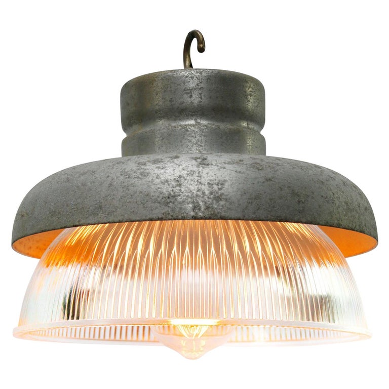 Grey Metal Vintage Industrial Clear Striped Holophane Glass Pendant Lamps  For Sale at 1stDibs | holophane lamp