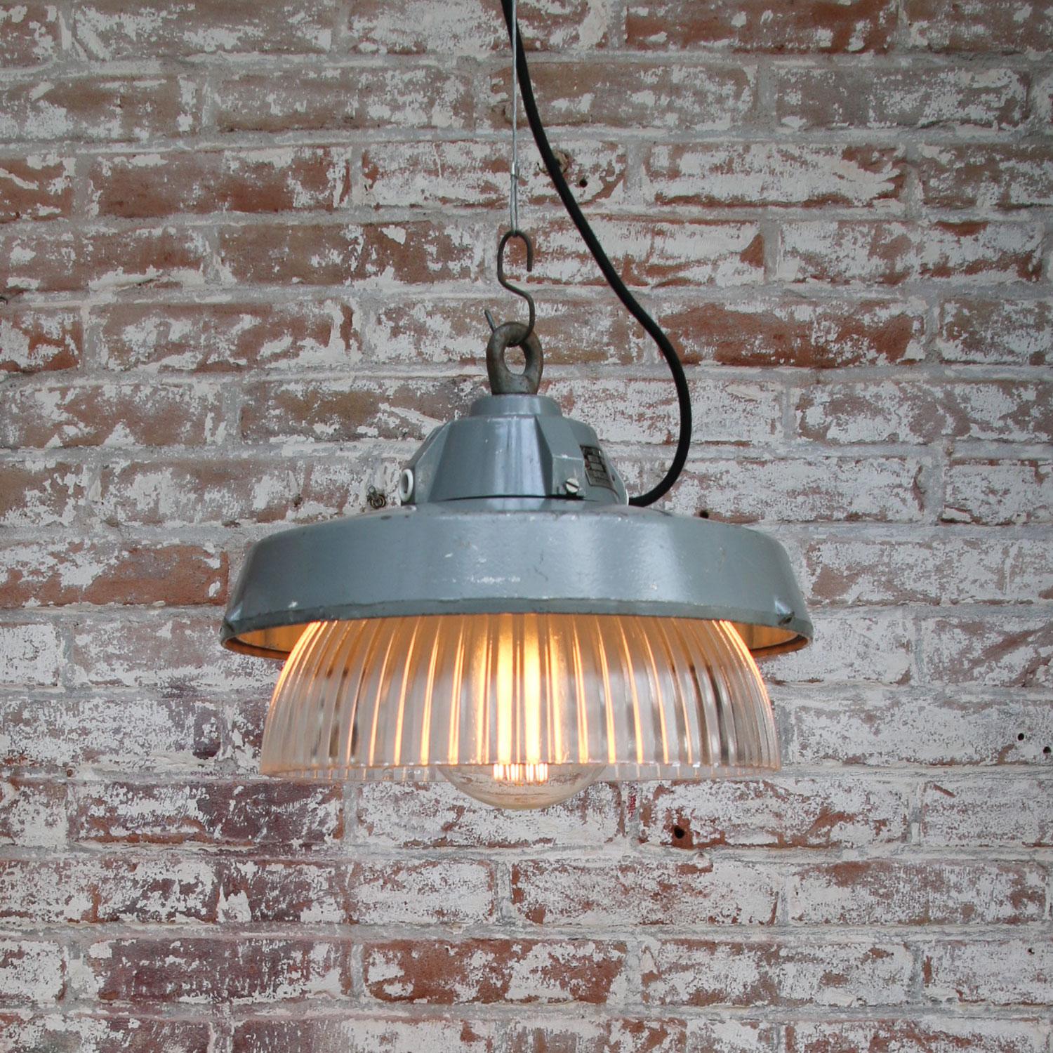 20th Century Grey Metal Vintage Industrial Clear Striped Holophane Glass Pendant Lamp