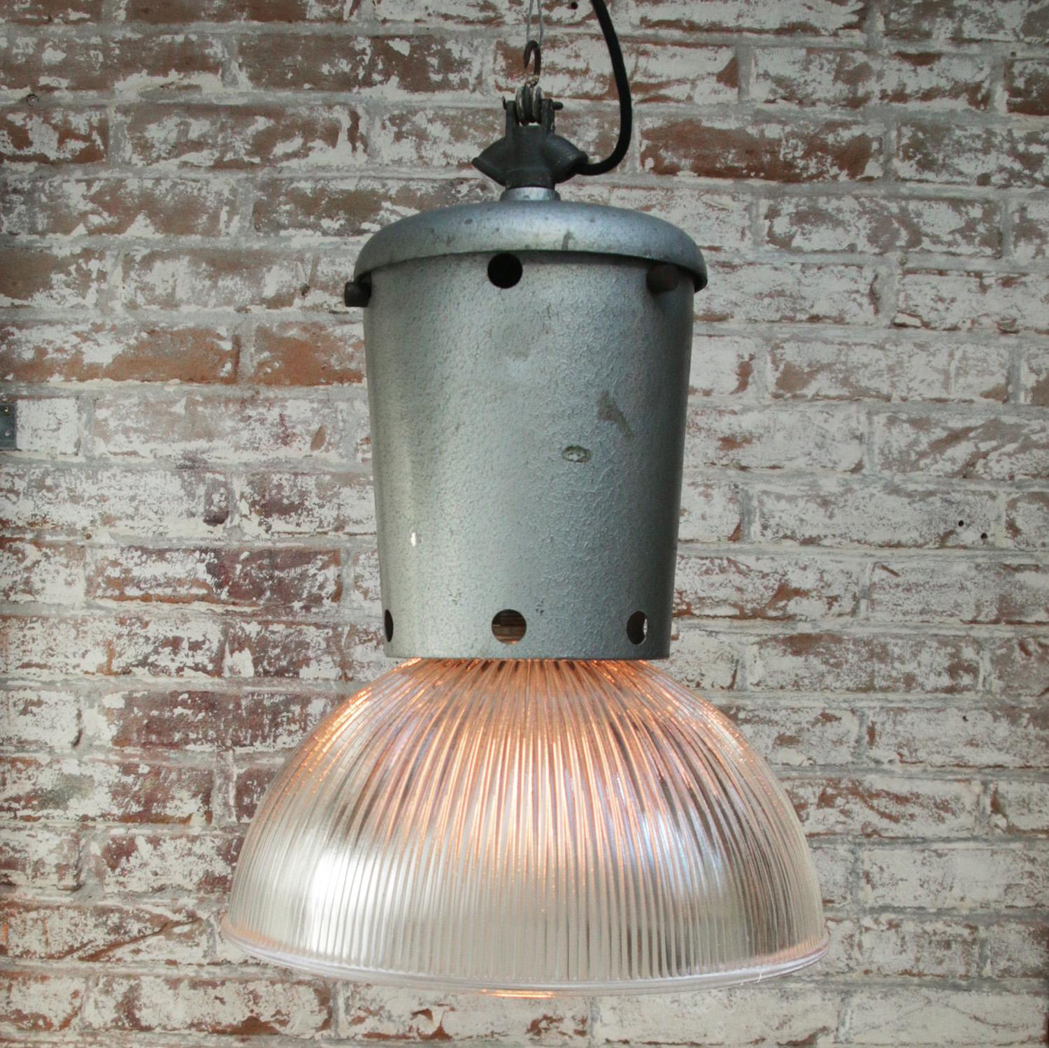 Grey Metal Vintage Industrial Clear Striped Holophane Glass Pendant Lights In Good Condition In Amsterdam, NL