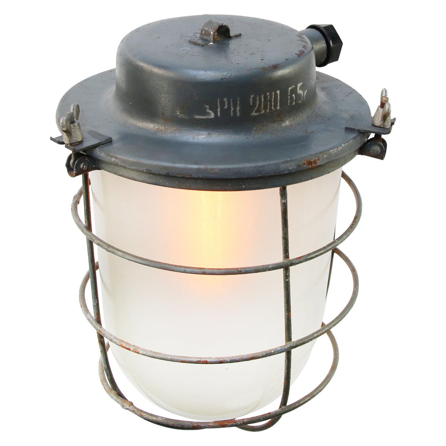 Vintage industrial hanging lamp
Blue / grey metal clear glass

Weight: 4.00 kg / 8.8 lb

For use outdoors as well as indoors. 

Priced per individual item. All lamps have been made suitable by international standards for incandescent light bulbs,