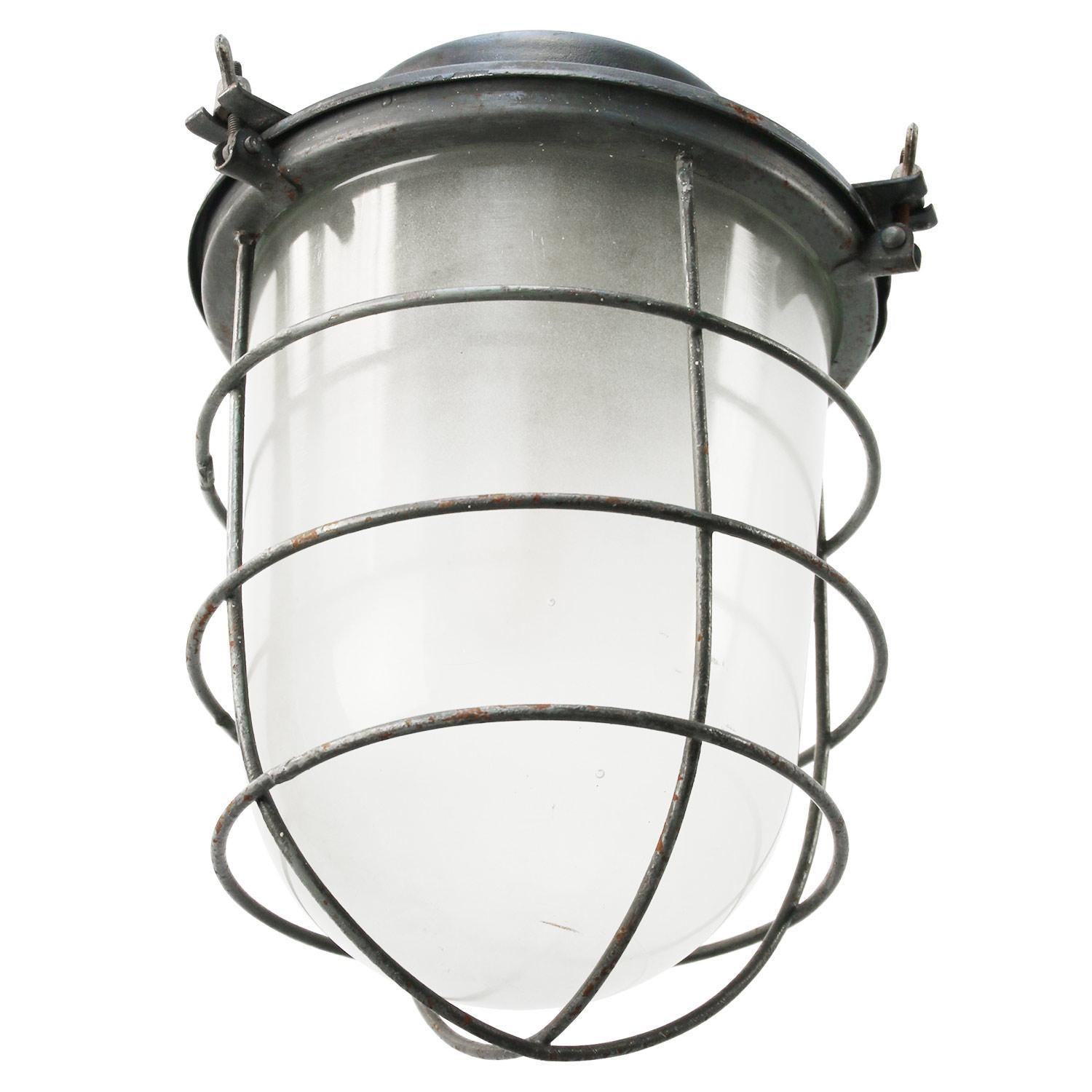 Polish Grey Metal Vintage Industrial Frosted Glass Pendant Lamp For Sale