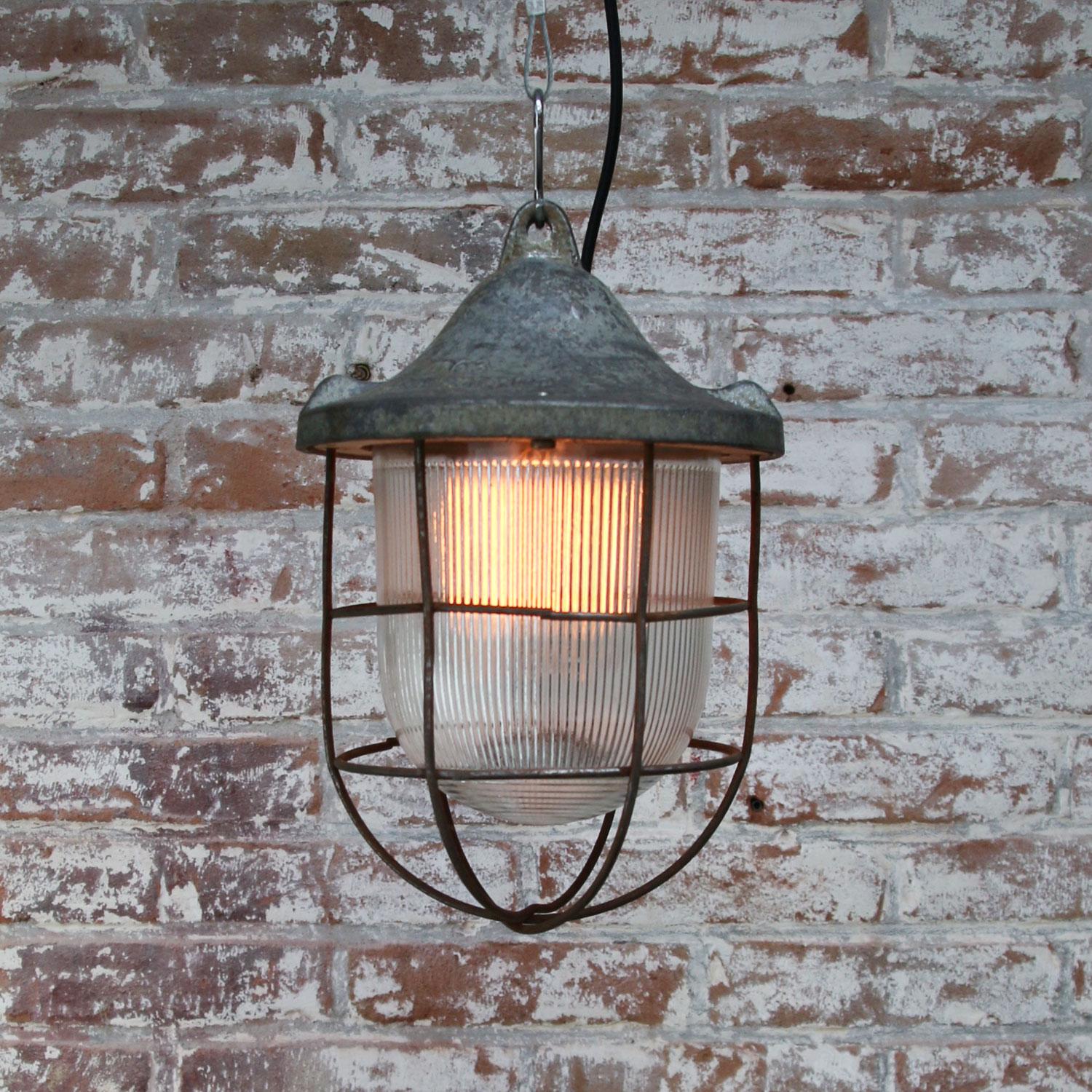 Polish Grey Metal Vintage Industrial Striped Glass Hanging Cage Lamp