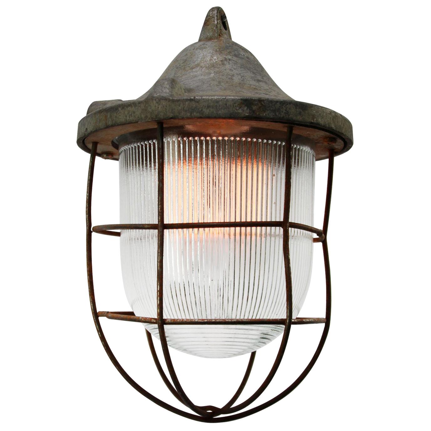 Grey Metal Vintage Industrial Striped Glass Hanging Cage Lamp
