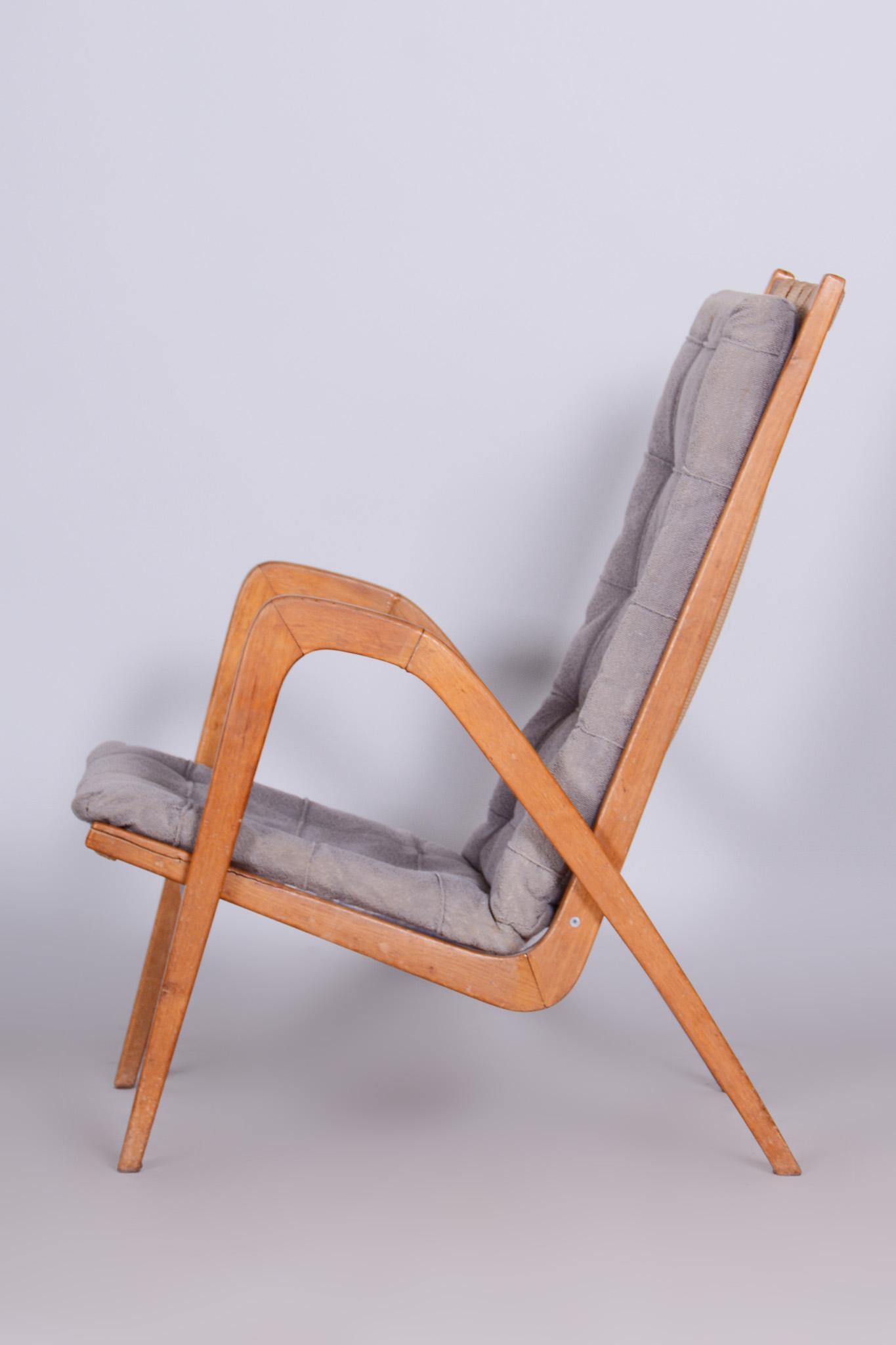 Mid-Century Modern Grey Mid-Century Oak Armchair by Jan Vanek, 1950s, Czechia For Sale