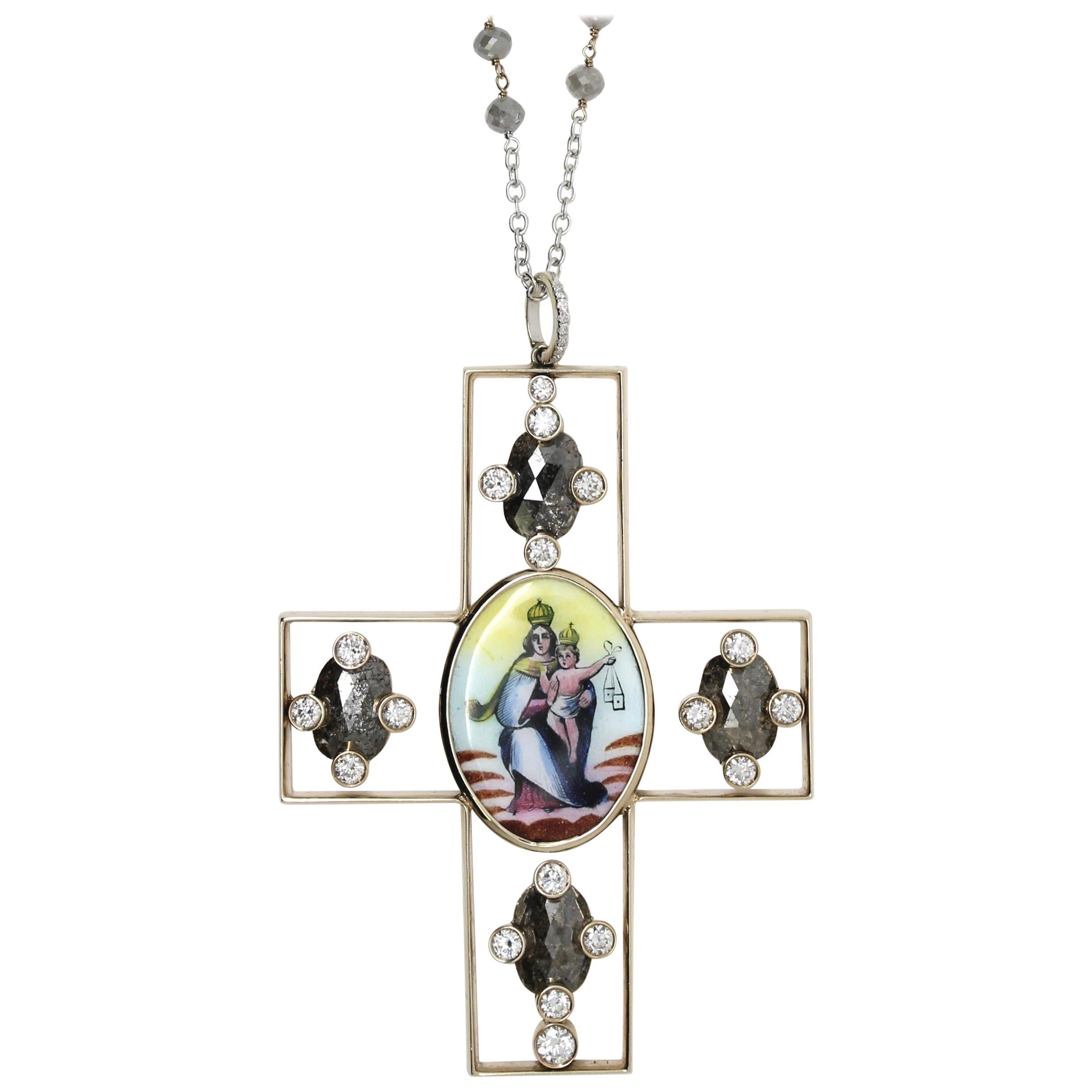 Grey Milky and White Diamond Holy Image Handmade in Italy Cross Pendant Necklace For Sale