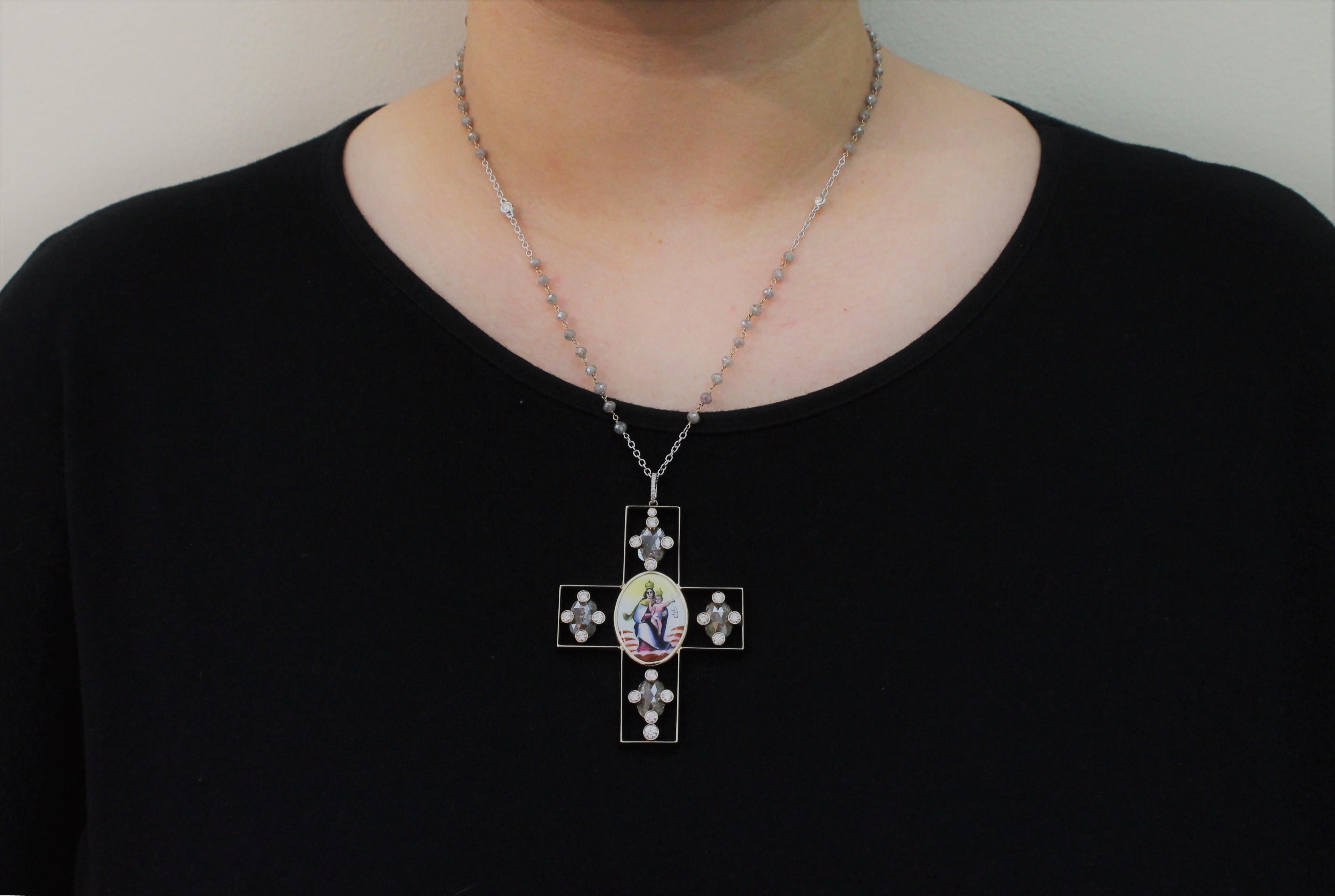 Contemporary Grey Milky and White Diamond Holy Image Handmade in Italy Cross Pendant Necklace For Sale