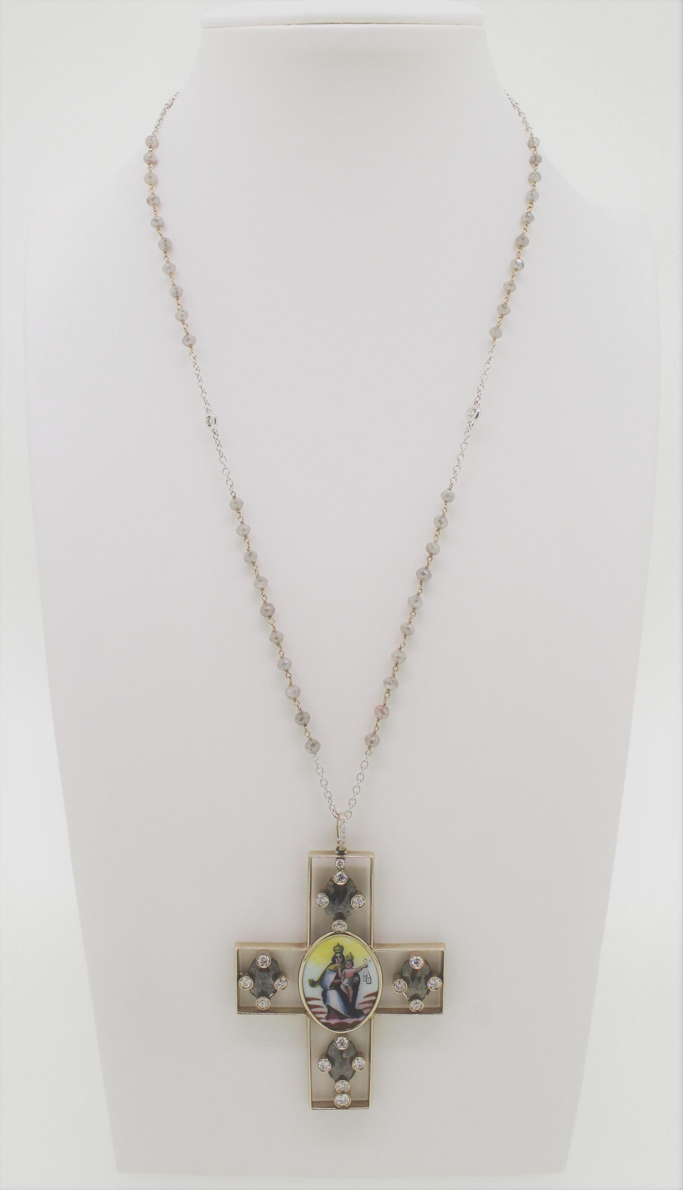 Grey Milky and White Diamond Holy Image Handmade in Italy Cross Pendant Necklace In New Condition For Sale In Milano, IT