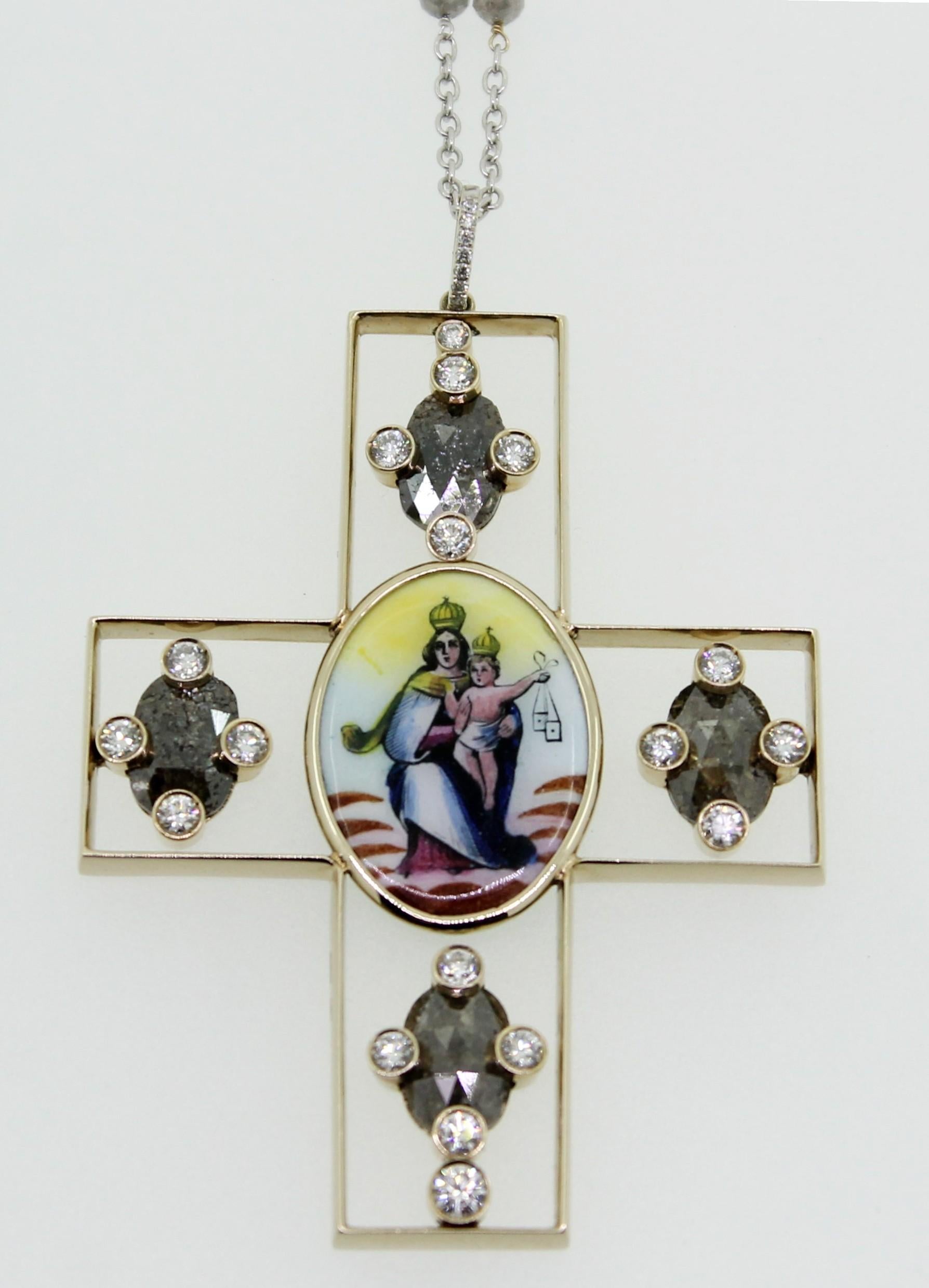 Women's Grey Milky and White Diamond Holy Image Handmade in Italy Cross Pendant Necklace For Sale