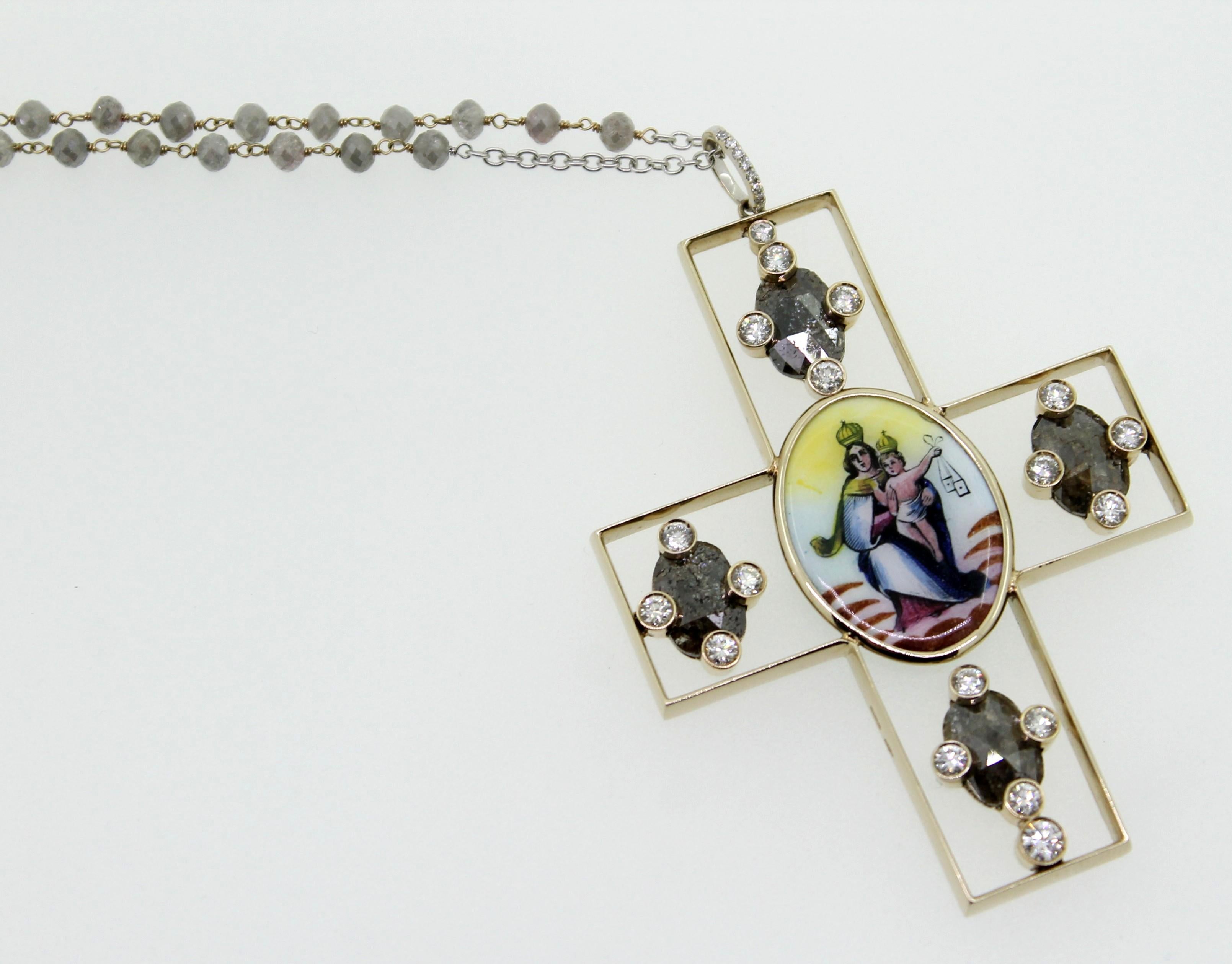 Grey Milky and White Diamond Holy Image Handmade in Italy Cross Pendant Necklace For Sale 1