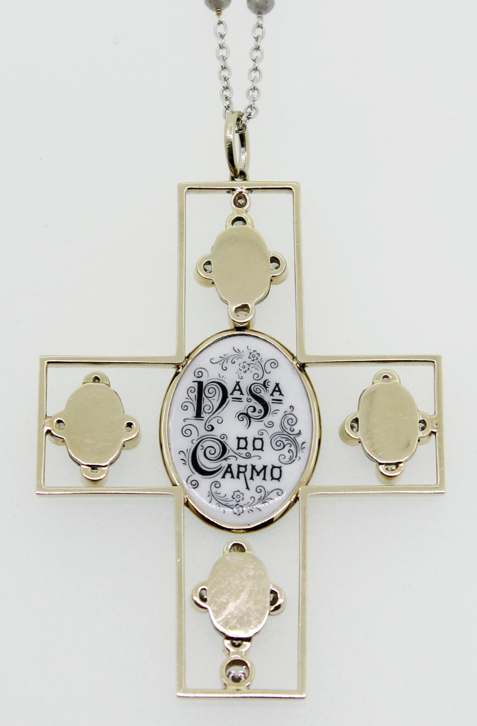 Grey Milky and White Diamond Holy Image Handmade in Italy Cross Pendant Necklace For Sale 3