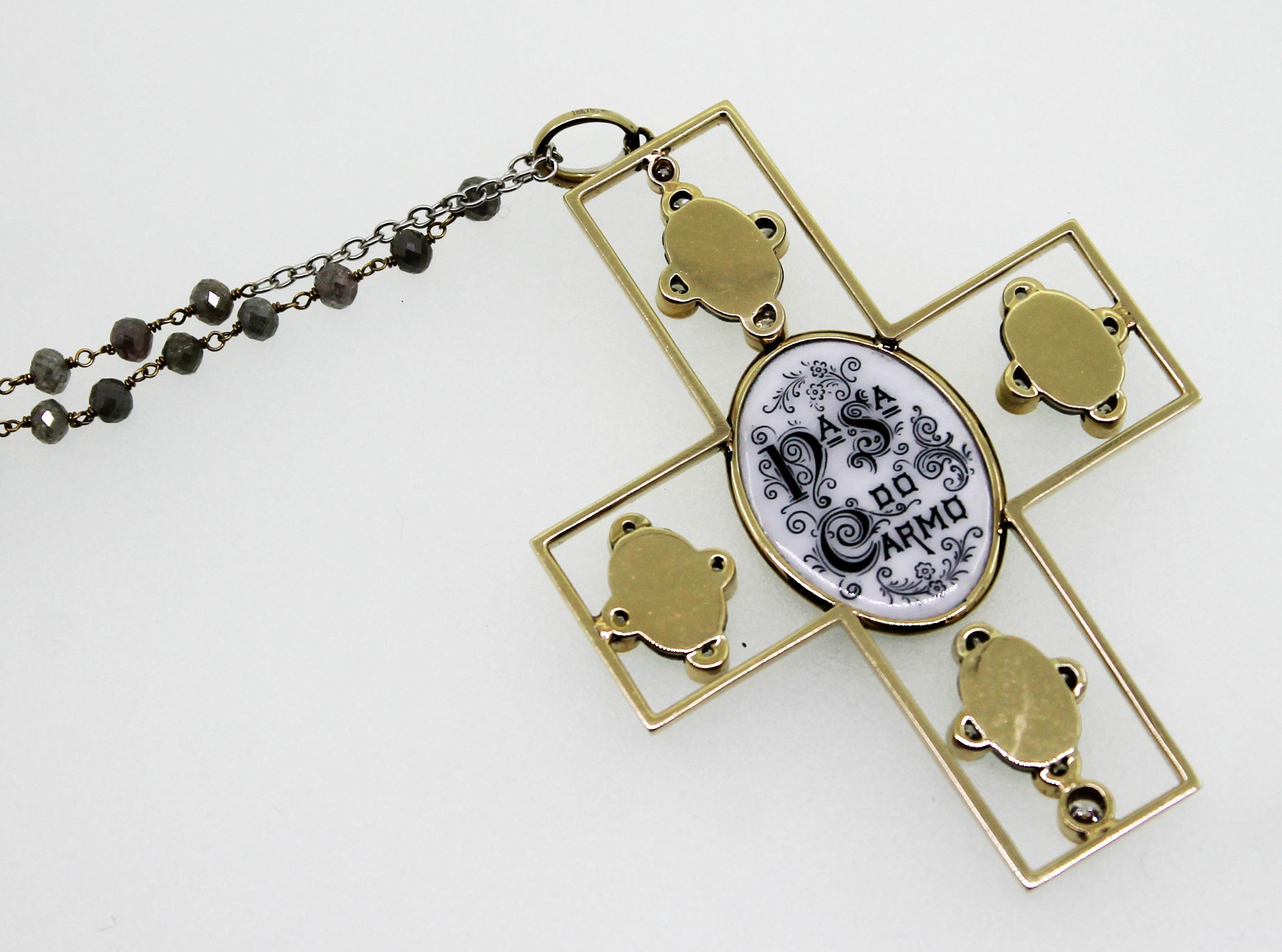 Grey Milky and White Diamond Holy Image Handmade in Italy Cross Pendant Necklace For Sale 4